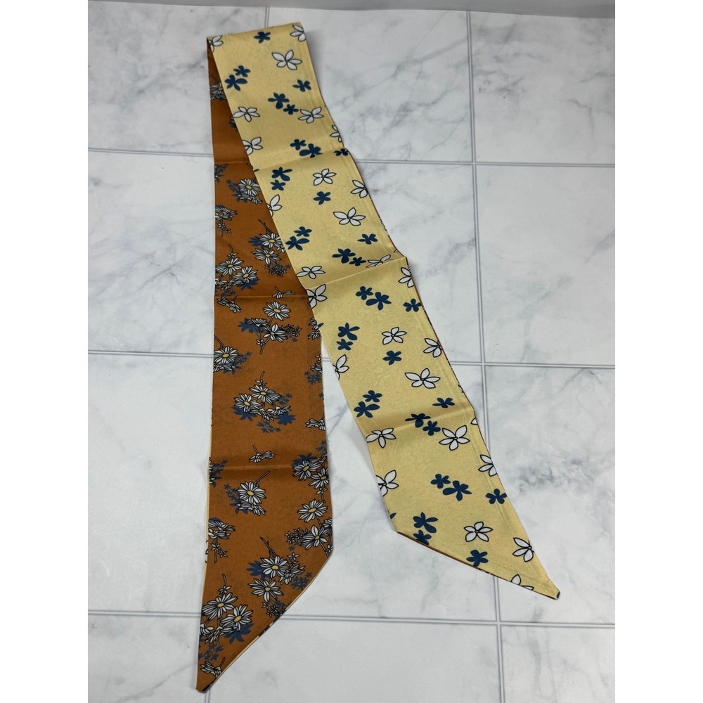 Floral Skinny Scarf Double Sided Daisy Neckerchief Brown Yellow Headband